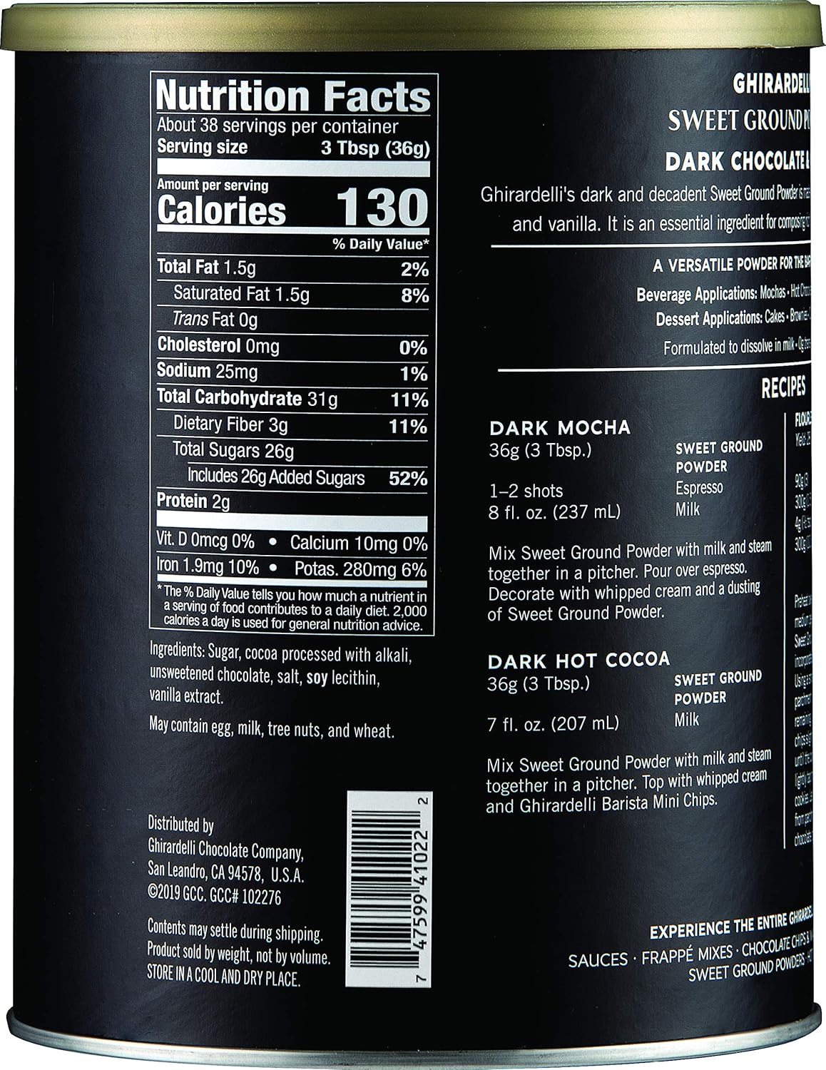 Ghirardelli Dark Chocolate & Cocoa Sweet Ground Powder, 3 lb Can