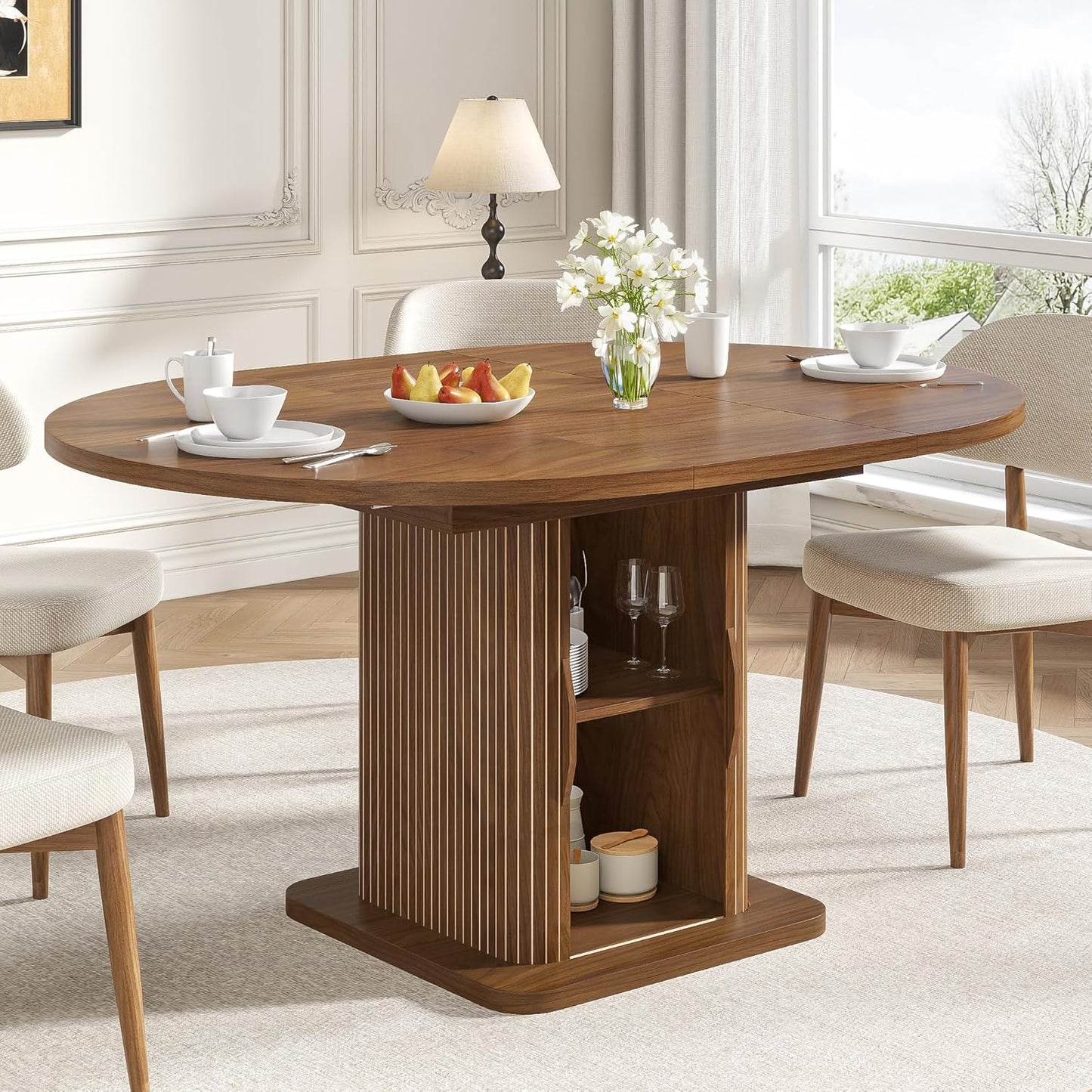 Extendable Round Dining Table for 4-6-8, 59 Inch Dining Room Kitchen Table with Storage, Fluted Wood Slide Door, Modern Oval Circle Dinner Furniture for Living Room, Farmhouse, Brown, Walnut
