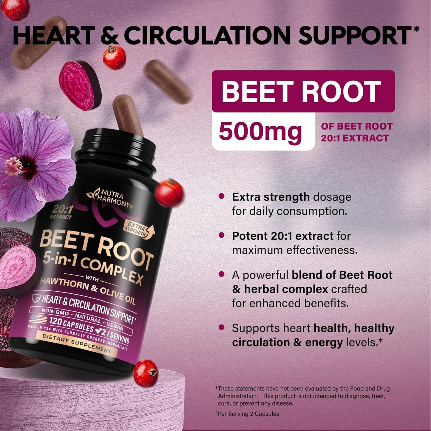 Beet Root 5-in-1 Complex Capsules - Healthy Blood Pressure Support Supplement** for Heart & Circulation Support - Olive Leaf, Hawthorn Berry & Hibiscus - for Men & Women - Lab Tested - 120 Capsules