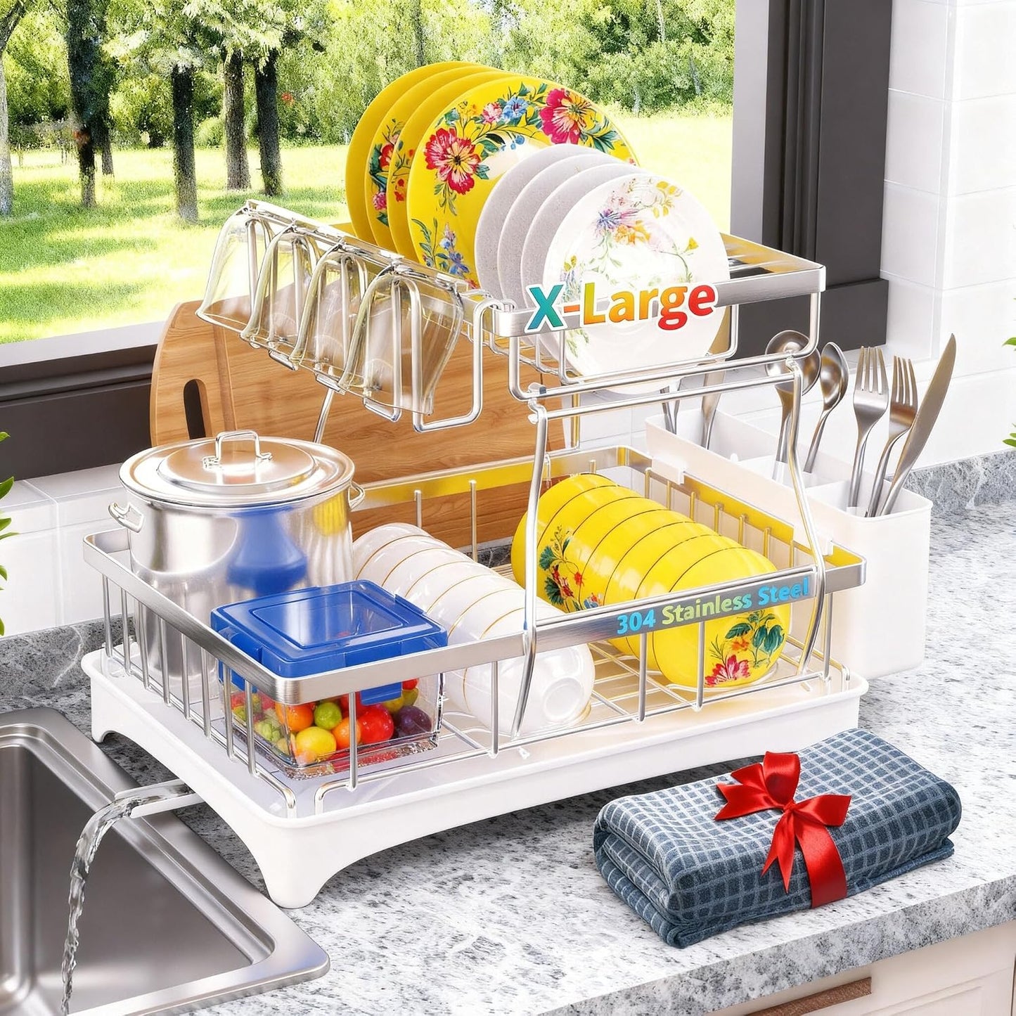 Godboat 2-Tier Dish Drying Rack - Dish Rack with Auto Drain-to-Sink & Mat | Dish Racks for Kitchen Counter, Dish Drainer with Knife Fork & Cup Rack, Gifts for Women, Mothers Day, Kitchen Gadgets, Black