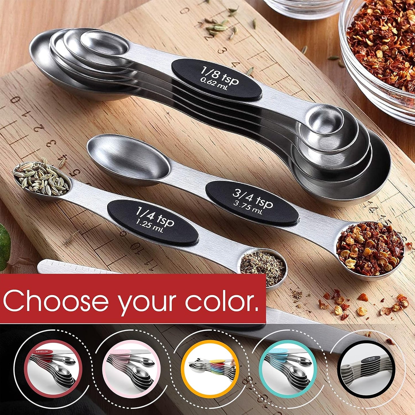 Spring Chef Stainless Steel Magnetic Measuring Spoons Set of 8, Black | Dual Sided Metal Teaspoon & Tablespoon Measuring Spoons with Leveler for Dry & Liquid Ingredients, Nesting, Dishwasher Safe