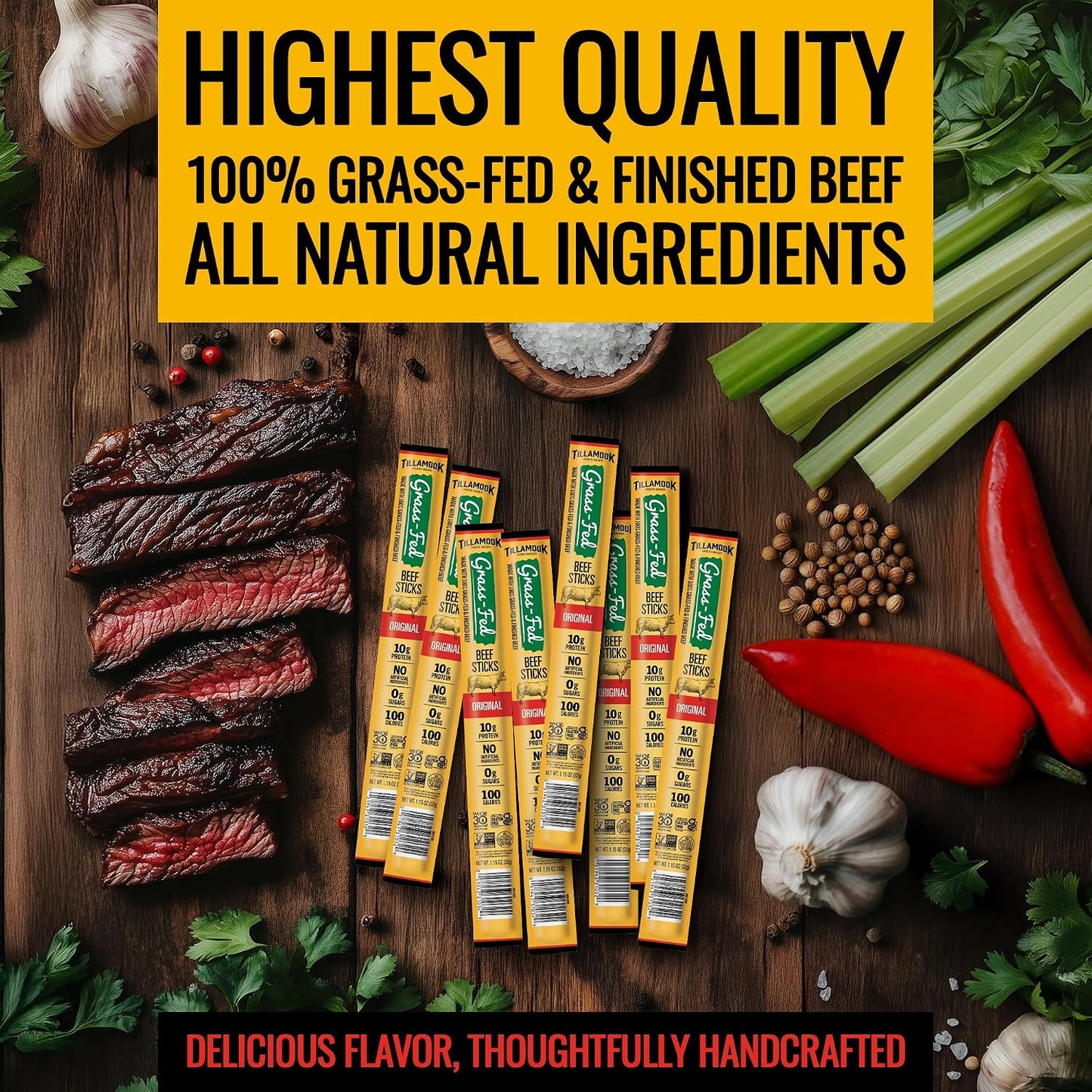 Tillamook Country Smoker 100% Grass Fed Beef Sticks, 8 Pack, 1.15 Ounce, Non-GMO, Gluten Free, High Protein Snack