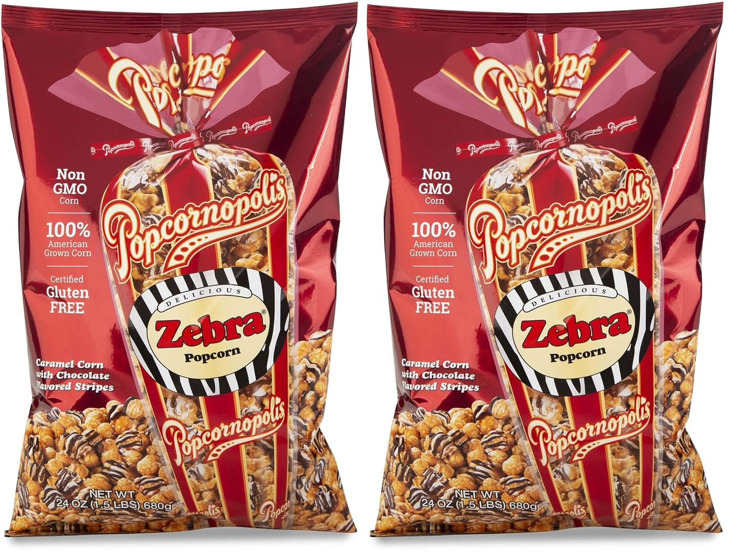 Popcornopolis Zebra Striped Caramel Corn with Confectionery Chocolate 24 Ounce American Grown