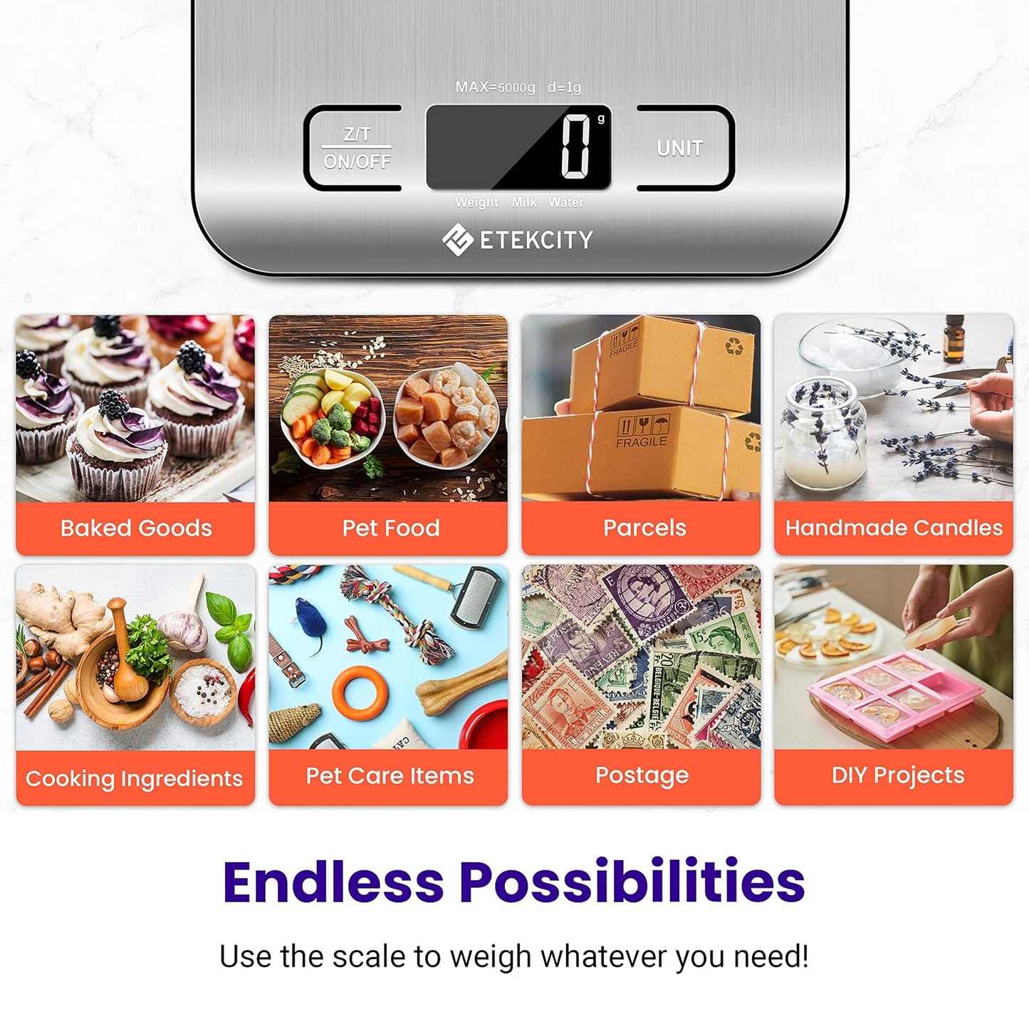 Etekcity Food Kitchen Scale, Digital Grams and Ounces, 11lb | Tare function, ideal for baking, weight loss, keto, meal prep, packages, liquids and jewelry, 304 Stainless Steel