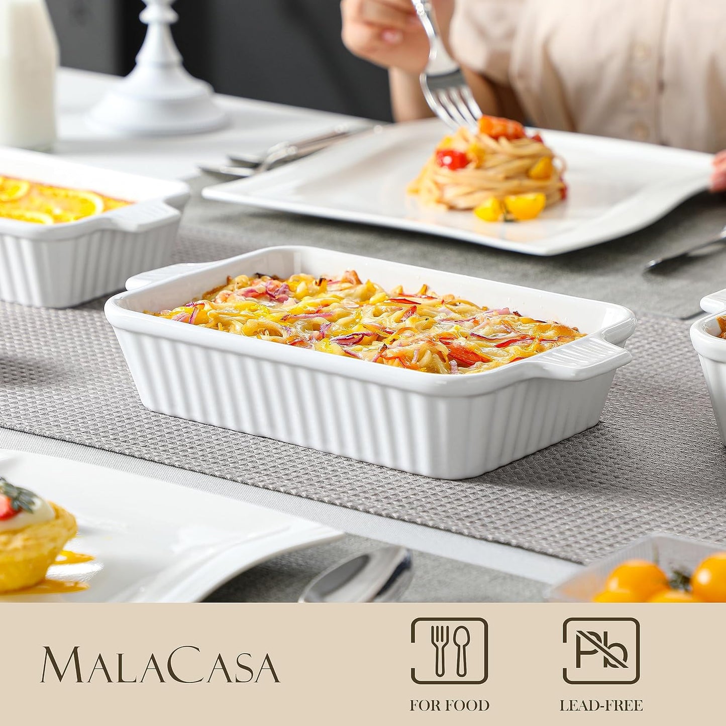 MALACASA Casserole Dishes for Oven, Ceramic Baking Dishes Set of 4, White | Rectangular Deep Lasagna Pans with Handles for Roasting Vegetable, Cake, Durable Bakeware, Wedding Gift(9.4/11.1/12.2/14.7")