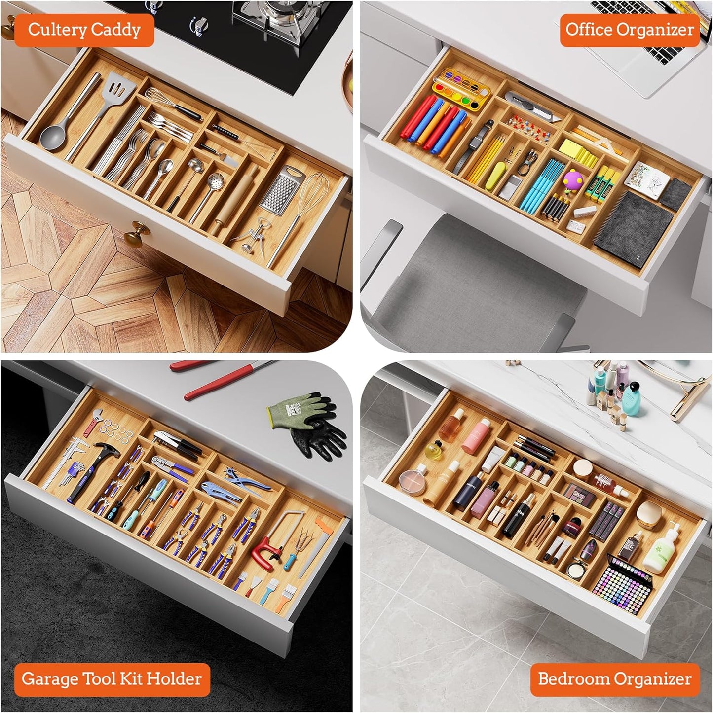 Silverware Organizer Large, Magnetic Connected Expandable 13 Slots Silverware Drawer Organizer From 21 to 37.4 Inches, Adjustable Flatware and Cutlery Holder, Bamboo Utensil Tray for Kitchen Natural