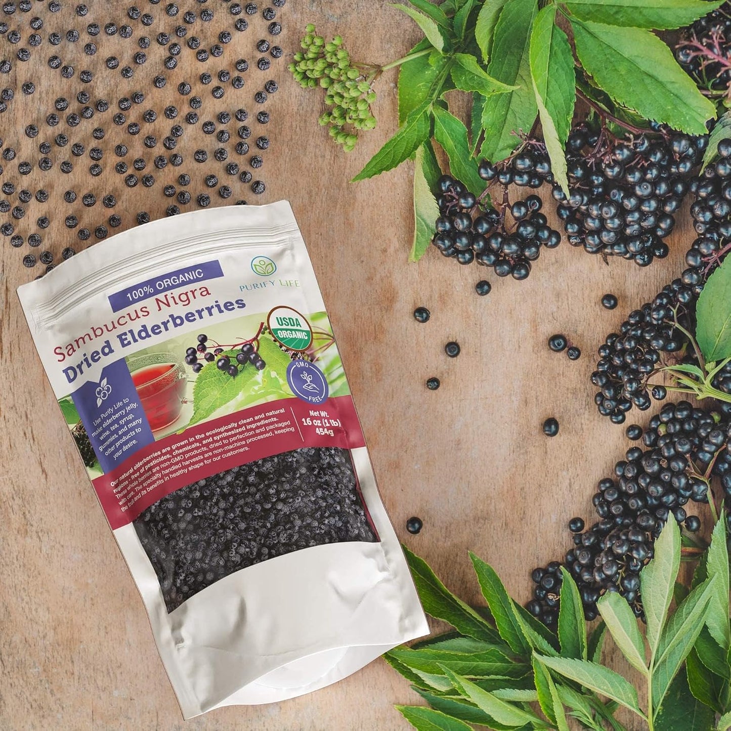 USDA Certified Organic Dried Elderberries 1lb Bulk Non Irradiated Non GMO Whole Black Elderberry