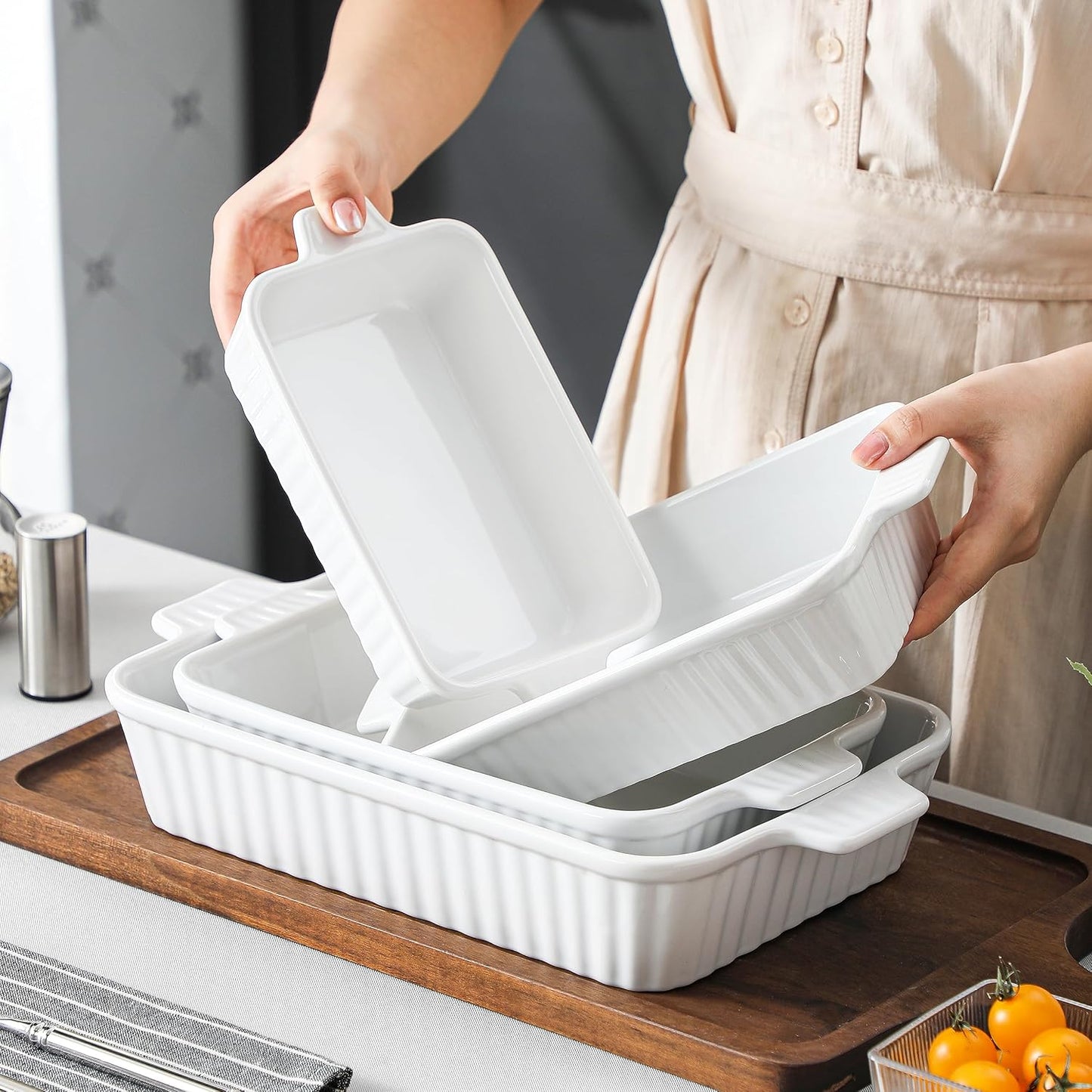 MALACASA Casserole Dishes for Oven, Ceramic Baking Dishes Set of 4, White | Rectangular Deep Lasagna Pans with Handles for Roasting Vegetable, Cake, Durable Bakeware, Wedding Gift(9.4/11.1/12.2/14.7")