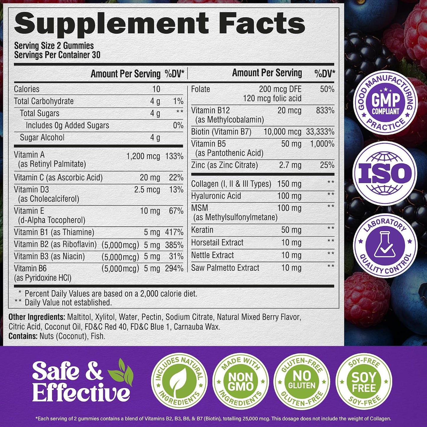 Biotin Gummies with Collagen - Hair Growth Support, Skin, & Nail Strength - for Women & Men - Biotin 10000mcg | Keratin | Hyaluronic Acid | B-Complex | Nettle - Sugar-Free, Mixed Berry, 60 Gummies