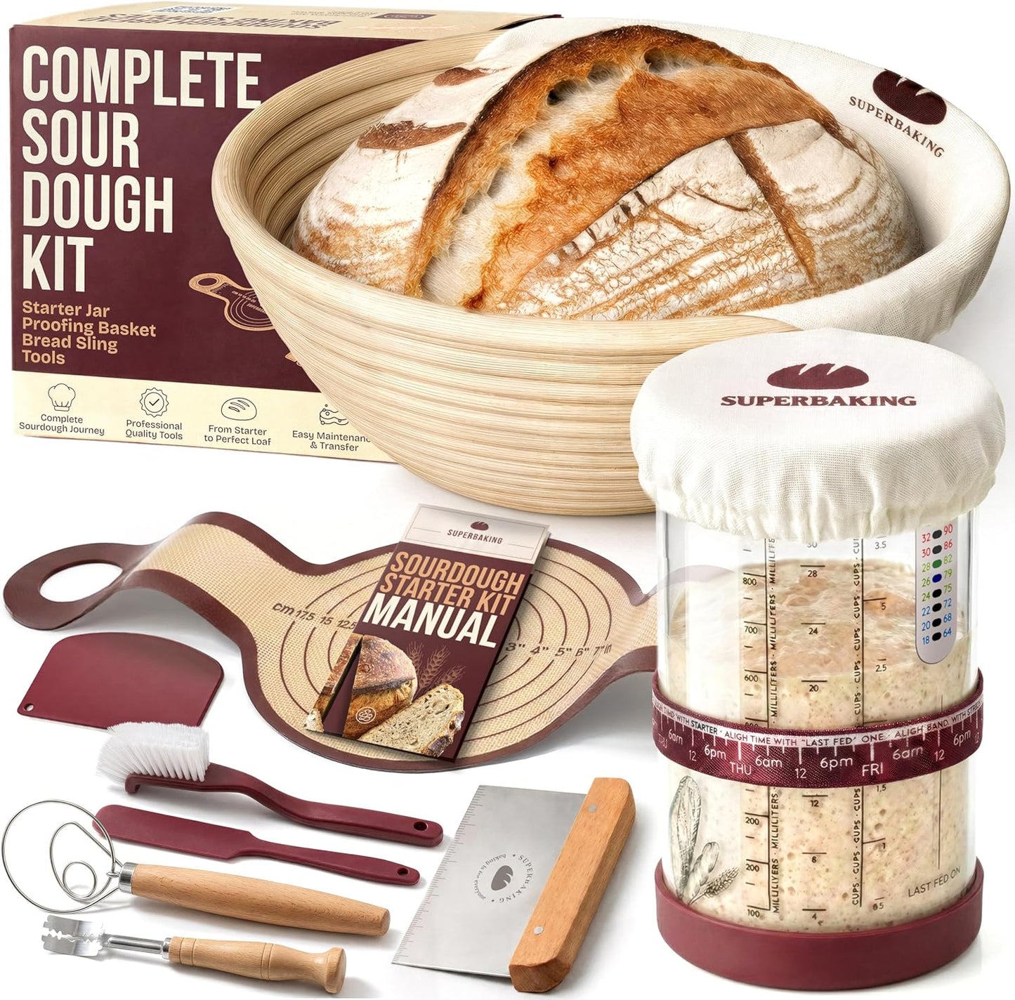 Superbaking Sourdough Starter Kit: 9" Banneton Basket, Silicone Sling & Jar | Non-Stick Silicone Dough Sling, Glass Starter Jar Kit, Splinter-Free, Sourdough Bread Baking Supplies