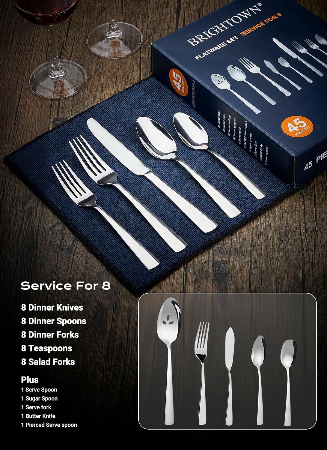 45-Piece Stainless Steel Silverware Set for 8, Dishwasher Safe | For Home, Restaurant & Travel, Heavy-Duty 45pc Set, Includes 8 Steak Knives, Mirror-Polished & Rust-Proof, Ergonomic Design