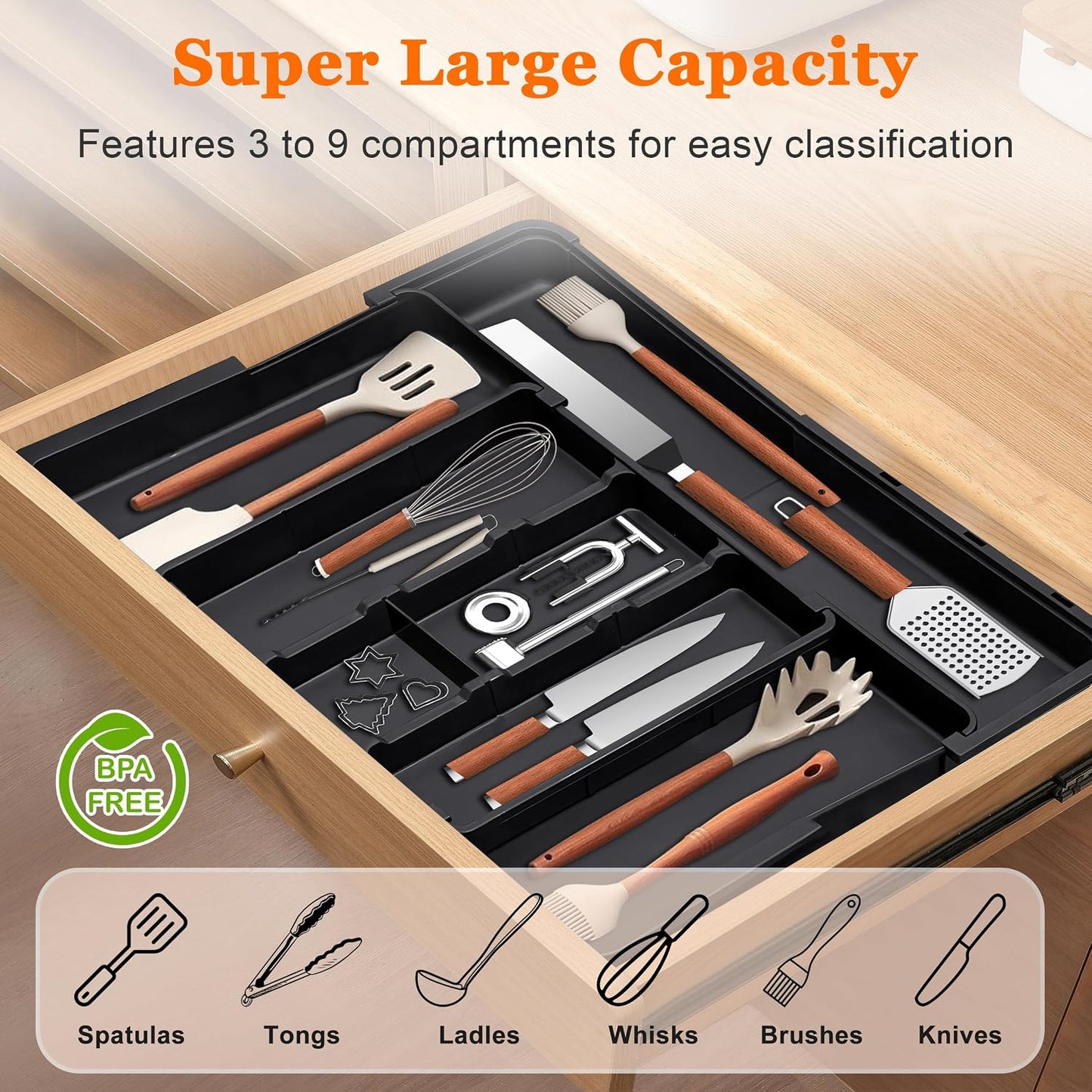 Spaclear Large Utensil Drawer Organizer Expandable Silverware Organizer for Kitchen Drawer Adjustable Cooking Utensil Holder Cutlery Flatware Tray Spatula Tools Gadgets Storage Dividers Plastic Black