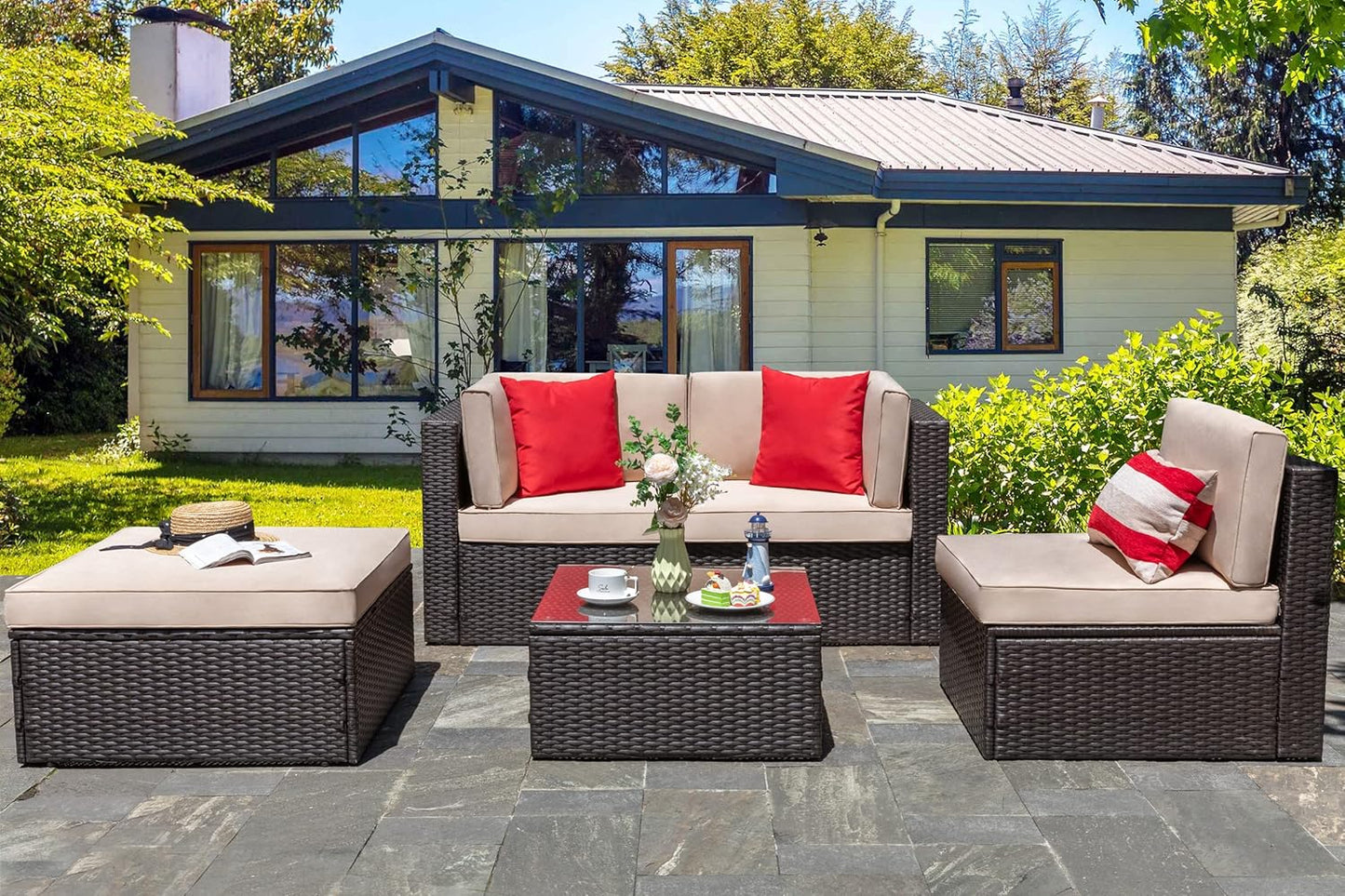 Vongrasig 5 Piece Patio Furniture Sets, Outdoor Patio Set Sectional Sofa, All-Weather PE Rattan Outdoor Couch with Ottoman, Glass Table for Garden, Backyard, Porch, Beige