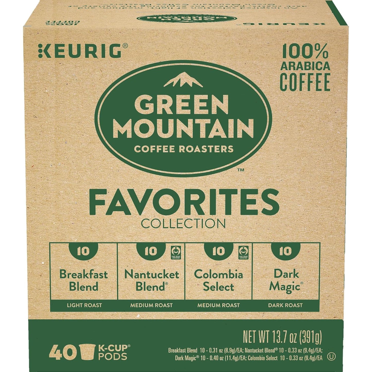 Green Mountain Coffee Roasters Favorites Collection includes 4 boxes of K-Cup pods with light, medium, and dark roasts