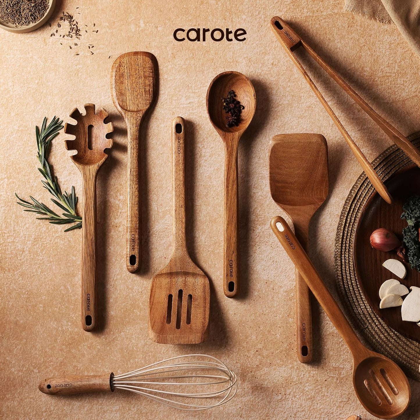 CAROTE Wooden Utensil Set, 8-Piece Acacia Wood Cooking Utensils | Nonstick Cookware Friendly, Durable, Heat-Resistant, Cool-Touch Handles, Hanging Loops, Everyday Kitchen Essentials