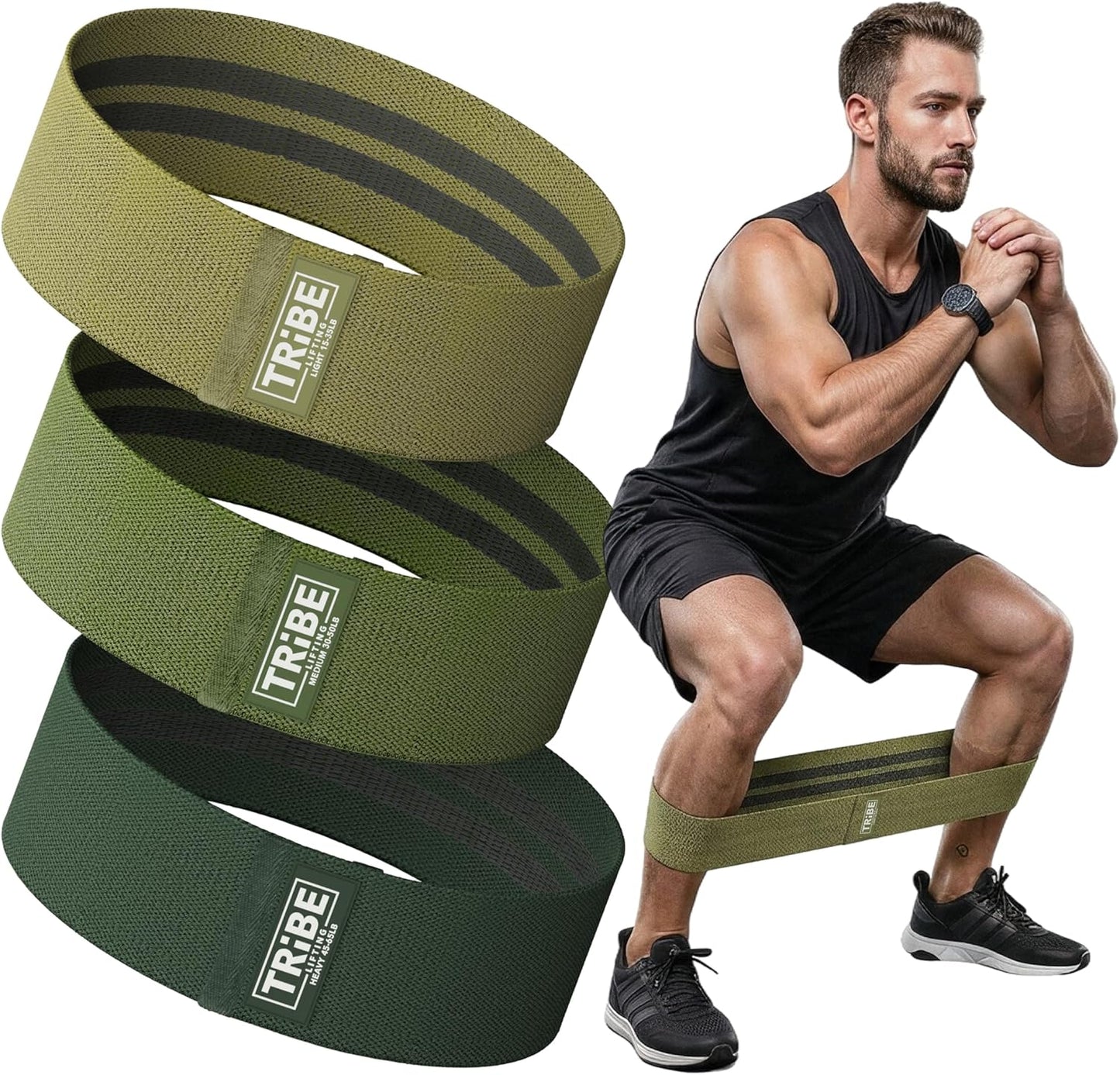 Tribe Fabric Resistance Bands - 3 Pack for Workout, Booty, Legs & Glute - Non-Slip Exercise Bands