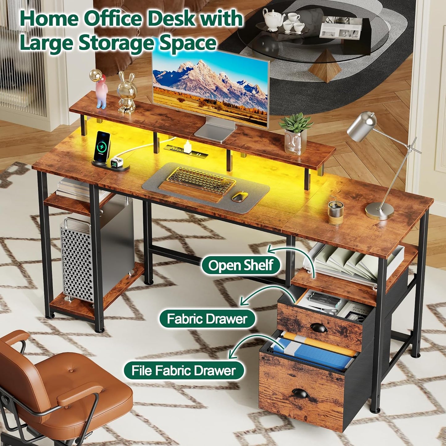 Furologee 61" Computer Desk with Power Outlet & LED Lights, Reversible Gaming Desk with File Cabinet & Monitor Stand for Home Office, Writing Study Table with Storage Shelves and Drawer, Rustic Brown