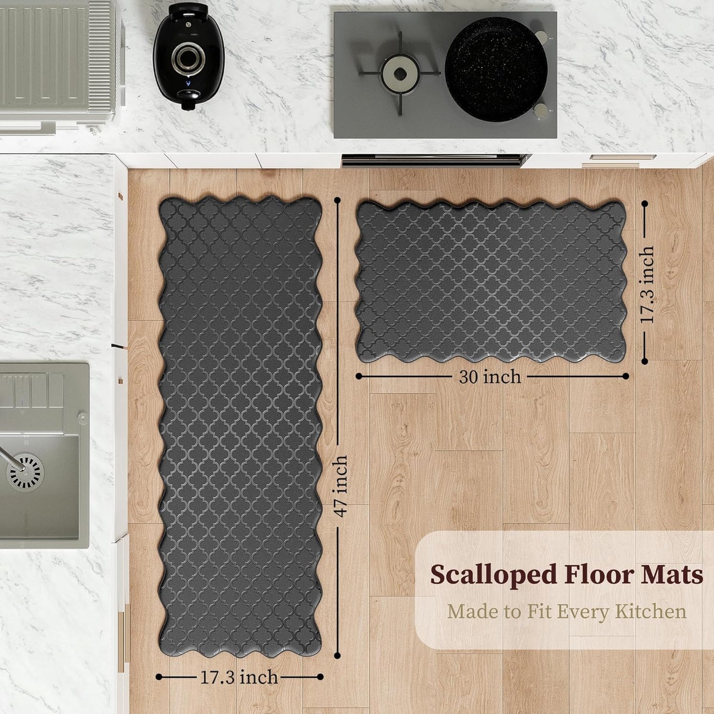 Arenarug Upgrade Scalloped Embossed Kitchen Mats for Floor 2PCS Cushioned Anti Fatigue Waterproof Foam Kitchen Rugs Non Slip Washable Comfort Standing Mat for Office Sink Laundry, Black