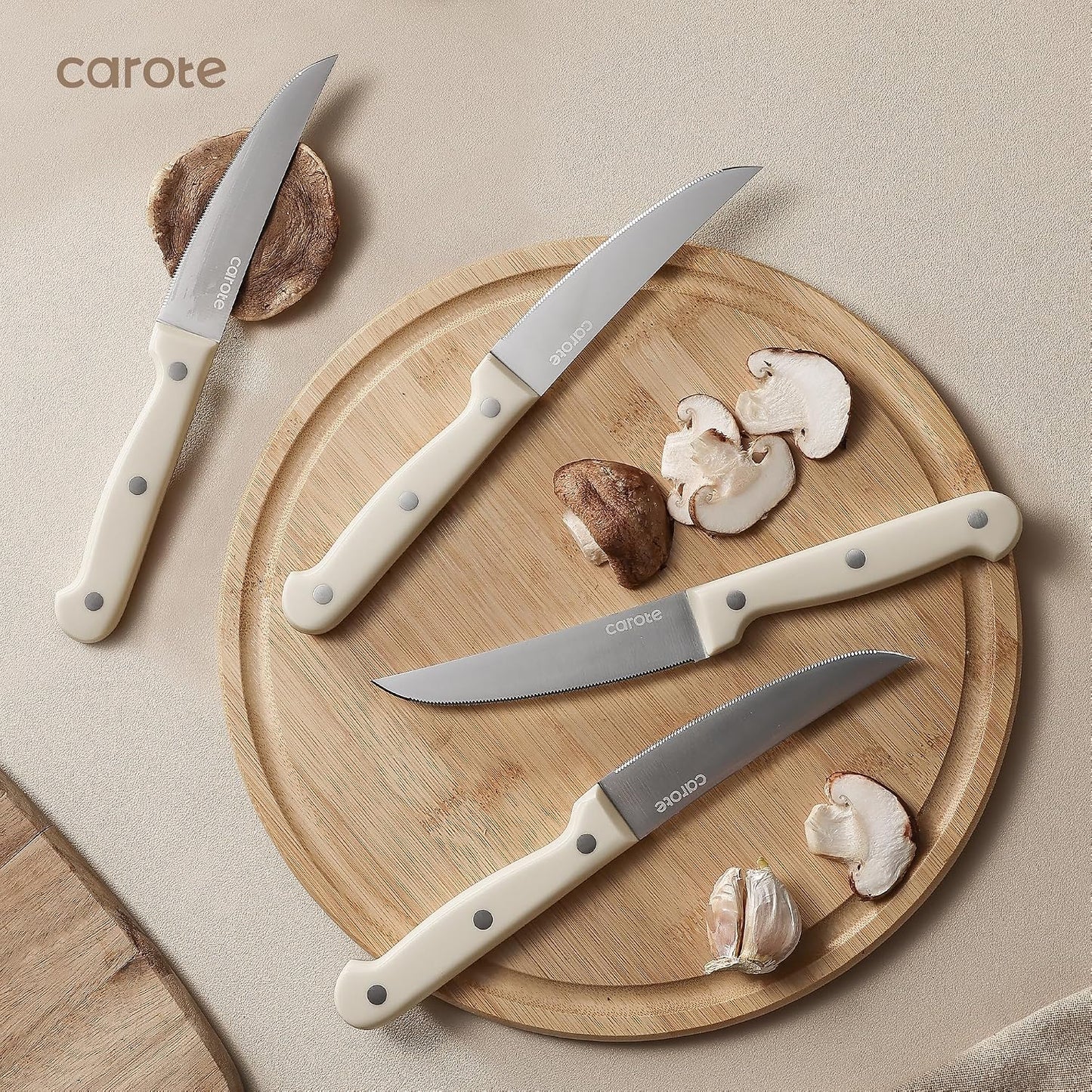CAROTE 14-Piece Knife Set with Wood Block, Rust-Resistant, Cream | Razor-Sharp High Carbon Stainless Steel Knives, Long-Lasting Sharpness, Forged, Triple-Riveted Ergonomic Non-Slip Handles