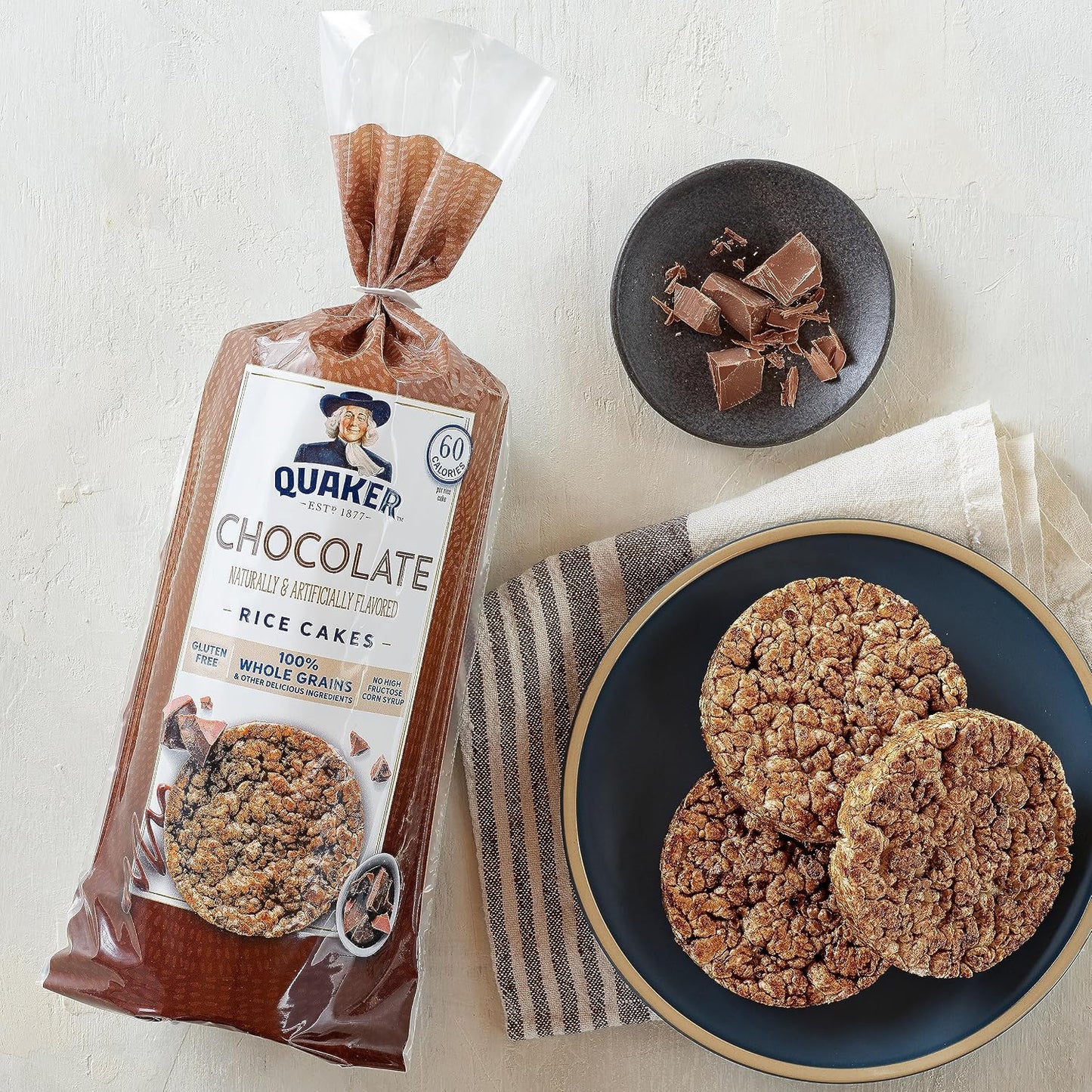 Quaker Large Rice Cakes, Chocolate, 7.23 oz Bags, 3 Pack, Gluten Free, Whole Grain