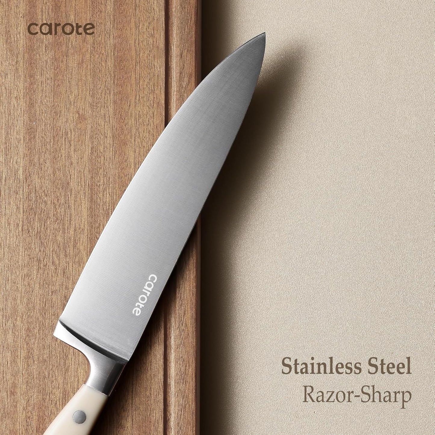CAROTE 14-Piece Knife Set with Wood Block, Rust-Resistant, Cream | Razor-Sharp High Carbon Stainless Steel Knives, Long-Lasting Sharpness, Forged, Triple-Riveted Ergonomic Non-Slip Handles