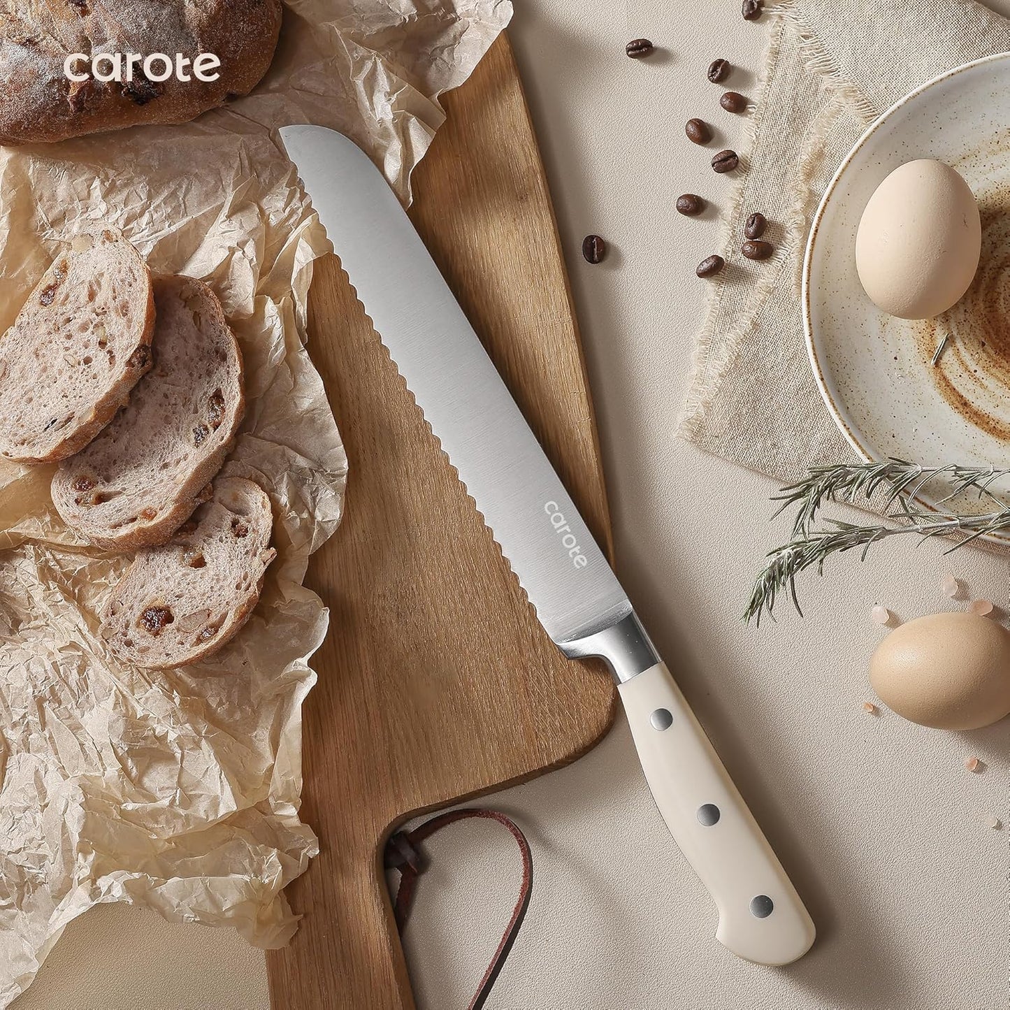 CAROTE 14-Piece Knife Set with Wood Block, Rust-Resistant, Cream | Razor-Sharp High Carbon Stainless Steel Knives, Long-Lasting Sharpness, Forged, Triple-Riveted Ergonomic Non-Slip Handles