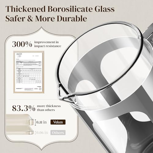 Veken French Press Coffee Maker 34oz 1 L, No Plastic Touching Cafe, Heat Resistant Thickened Borosilicate Glass, Stainless Steel Brewer, Cold Brew Cafetera Teapot for Kitchen Travel Camping, Silver