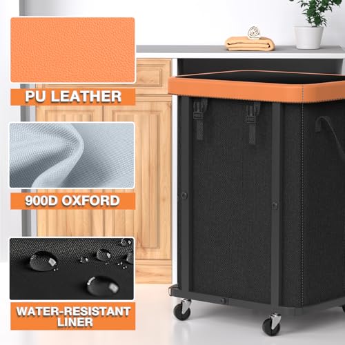 150L (40 Gal) Large Fashion Laundry Basket with Wheels, Leather Patchwork Rolling Hamper Carts, Sturdy Metal Frame, Removable Washable Bag, Tall Clothes Sorter for Bedroom, Laundry Room, Dorm - Black