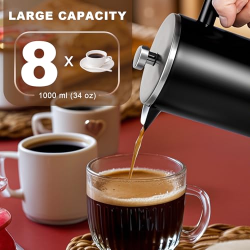 34 OZ Large French Press, Premium Stainless Steel Sturdy Insulated French Press Coffee Maker, 4-8 Cups French Coffee Press, Tea Presses for Home Kitchen Caming Loose Tea, Elegant Black