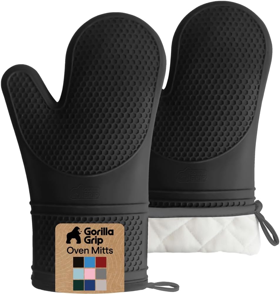 GORILLA GRIP BPA-Free Soft Silicone Oven Mitts, 550F Heat Resistant Waterproof Cooking Safety Gloves, Thick Cotton Lining, Flexible Gripping for BBQ Grilling, Kitchen Potholders Set, 12.5x8.3, Black