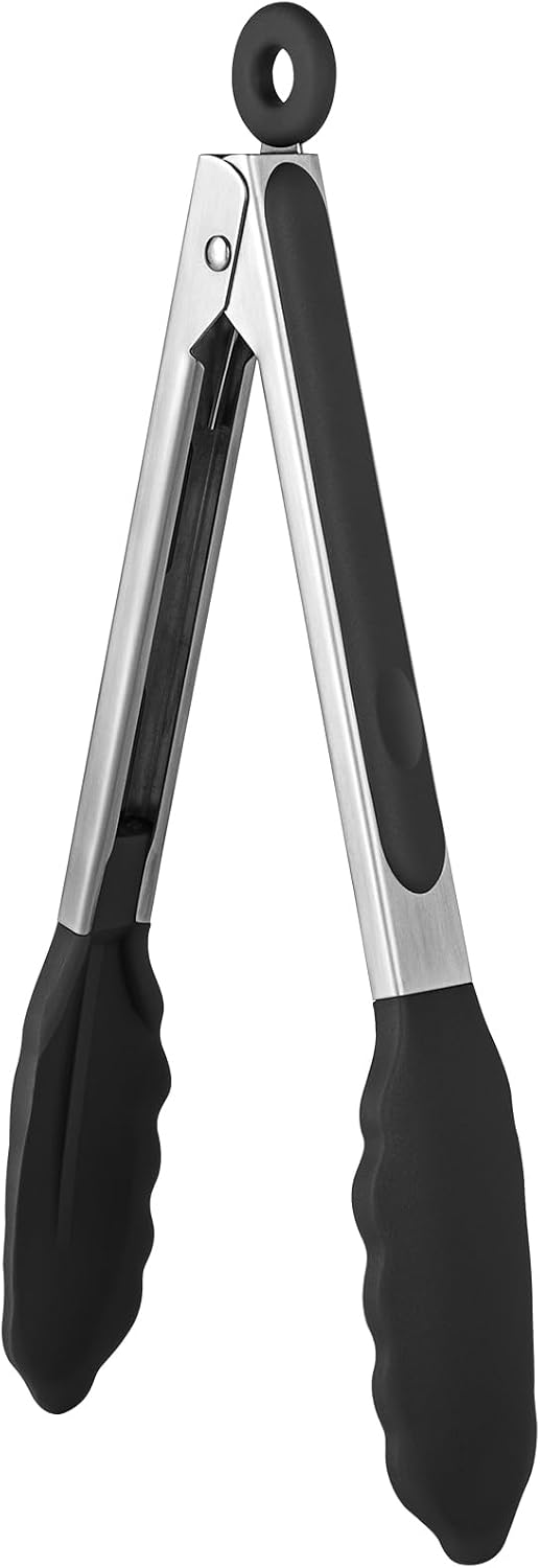 U-Taste Kitchen Tong for Cooking, 600ºF Heat-Resistant Silicone, 9in/Black | Rubber Tong for Serving Food, Salad/Grill/BBQ/Steak/Pasta Silicon Tongs, 18/8 Stainless Steel Handle & Smooth Locking