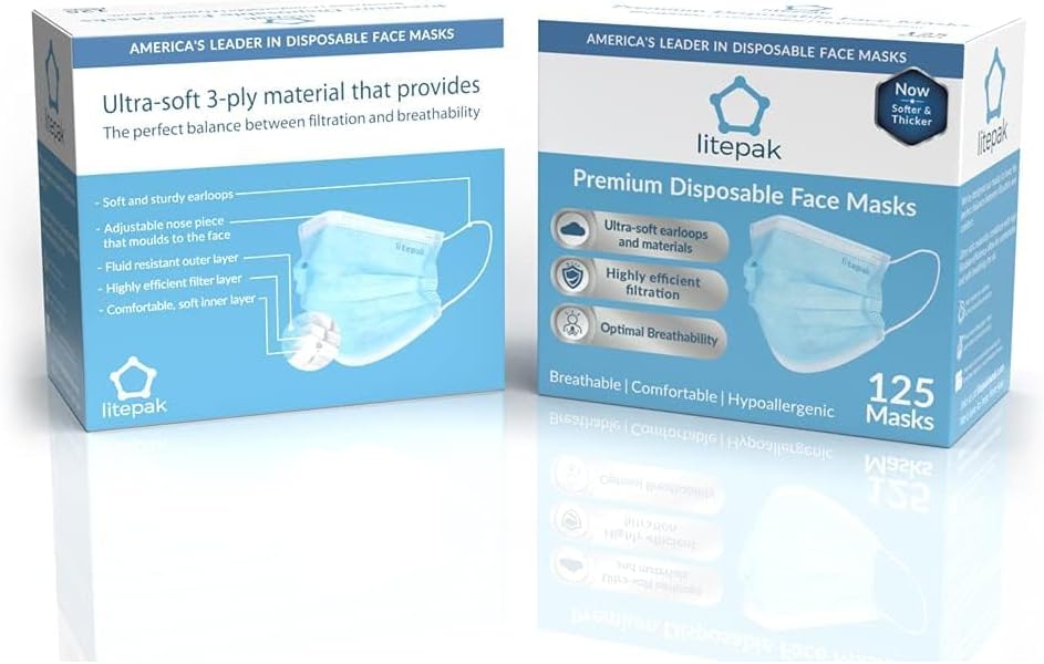 Litepak 125-Pack Premium Disposable Face Masks with Comfort Earloops Blue