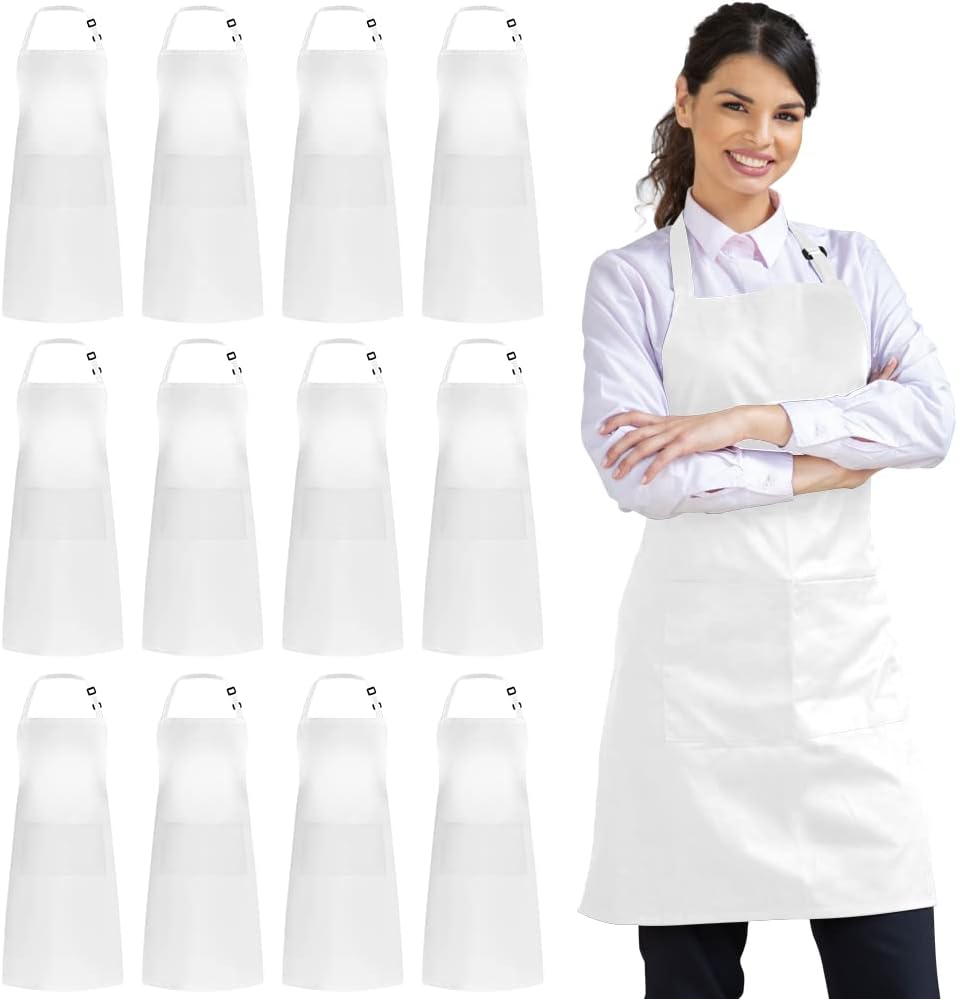 Syntus 12 Pack Bib Apron, Unisex Aprons Adjustable Waterdrop Resistant with 2 Pockets Cooking Kitchen Apron for Chef, BBQ Drawing Apron Bulk, Black