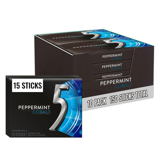 5 GUM Peppermint Cobalt Sugar Free Chewing Gum Bulk, 10 packs of 15 sticks each, for gaming and music sessions