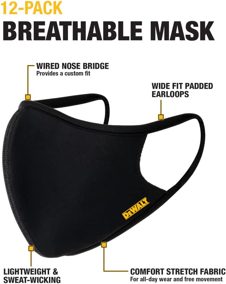 DEWALT Black Face Masks, Adjustable Fit, Breathable Reusable Cooling