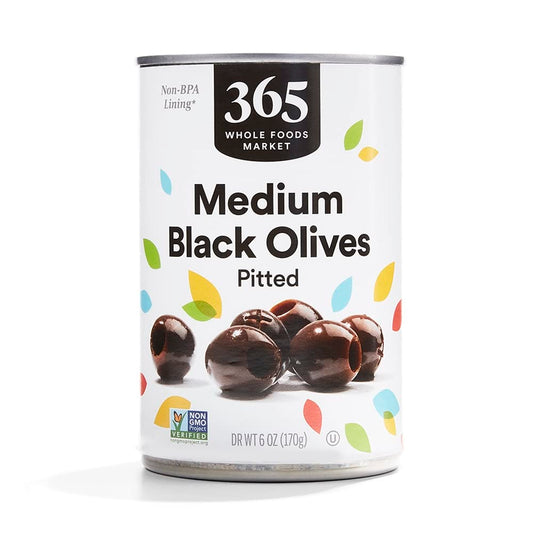 365 by Whole Foods Market Ripe Medium Pitted Olives, 6 Ounce, 6 Ounce jar, Handpicked, Traditional Ripening, Perfect for Pizzas and Salads