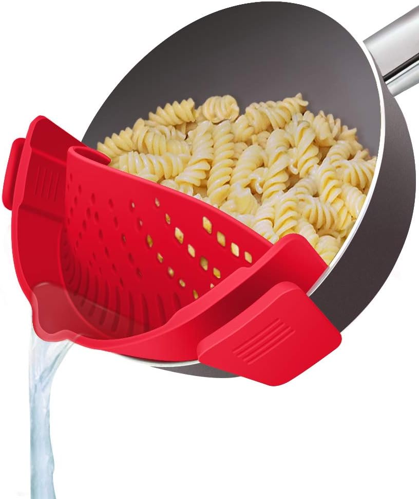 YEVIOR Clip on Strainer for All Pots Pan,Silicone Pasta Strainer | Food-grade BPA-free,Kitchen Gadgets, Food Strainer Collapsible Colander for Noodle,Vegetables,Fruit,Spaghetti (Grey)