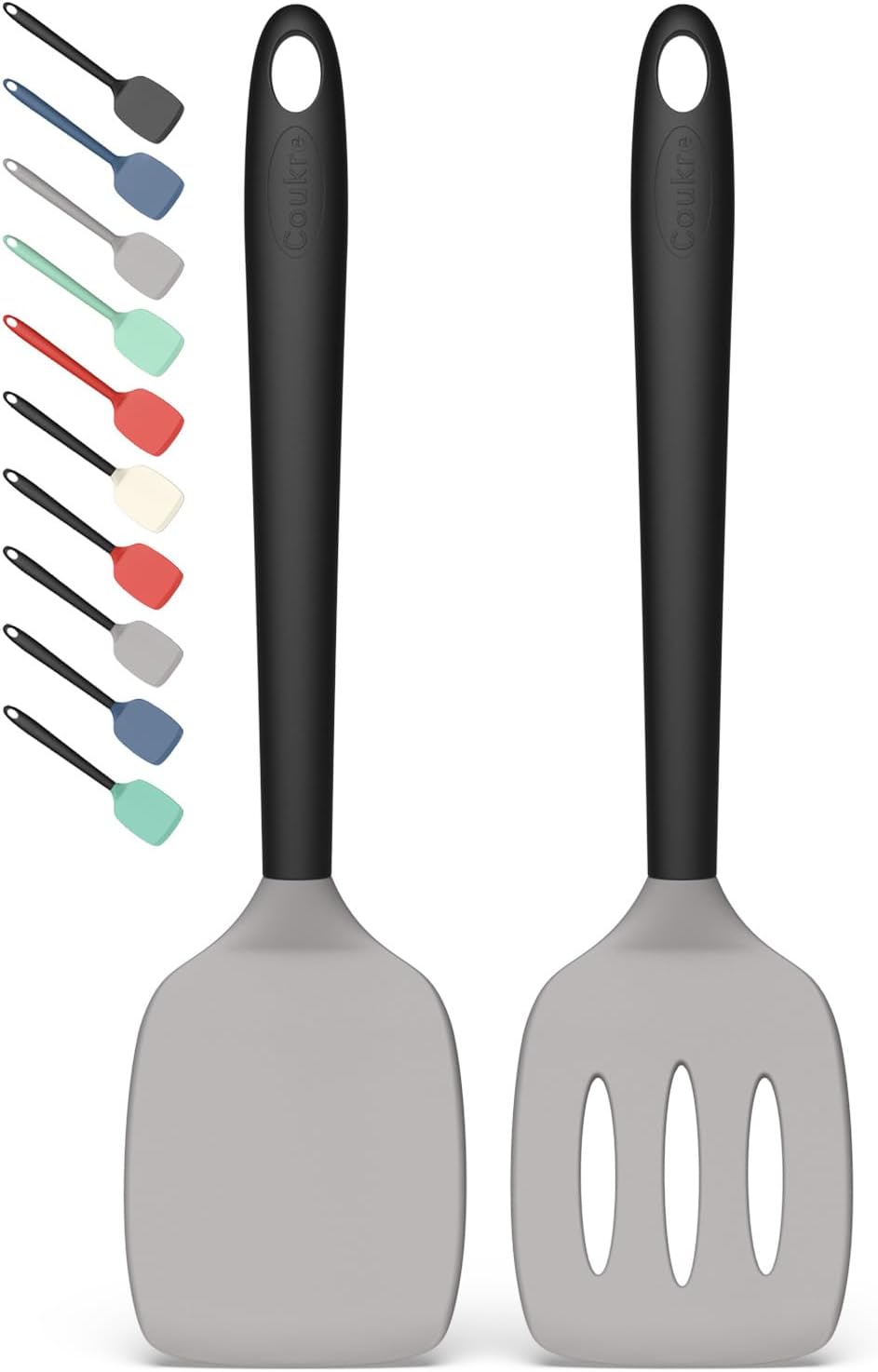 Coukre 2 Pack Silicone Spatula Set,High Heat Resistant, BPA-Free | Dishwasher Safe Kitchen Spatula for Nonstick Pans, Solid & Slotted Turners for Cooking, Sautéing, and Flipping, PureBlack