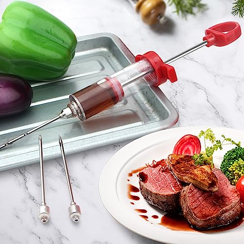 Meat Injector, 1-oz Plastic BBQ Marinade Injector Kit, Turkey Injector Syringe (3 Stainless Steel Meat Needles +3 Replacement O Rings + 1 Cleaning Brush) for Turkey Smoked BBQ Grill