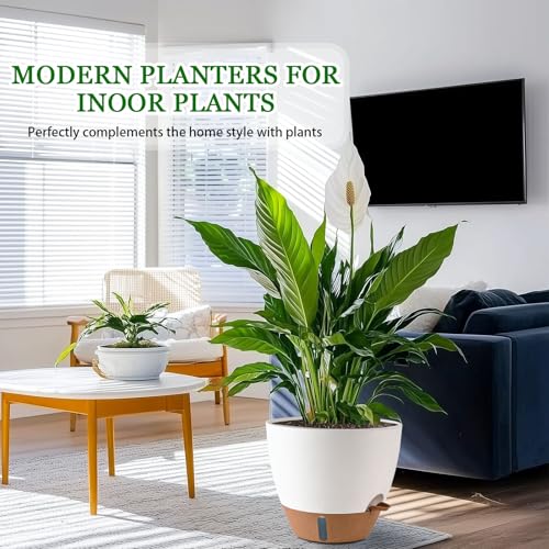 8/10/12 Inch Self Watering Pots for Indoor/Outdoor Plants - Large Plastic Planter with Drainage Holes, Water Level Indicator & Deep Reservoir, Modern Decorative Flower Pots (White)