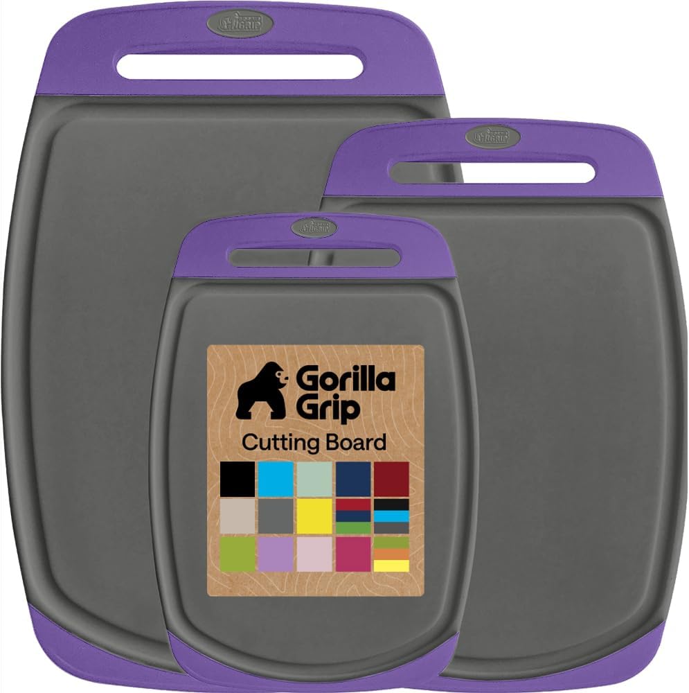 GORILLA GRIP BPA-Free Reversible Kitchen Cutting Board Set of 3, US Designed, Nonporous, Juice Grooves Catch Liquid, Slip Resistant Border, Dishwasher Safe, Durable Large Food Chopping Boards, Black