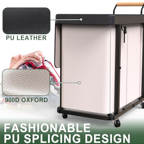 230L (60 Gal) Extra Large Fashion Laundry Sorter 3 Section with Lid, Rolling Laundry Basket Hamper with Handle, Laundry Organizer Storage Cart with Sturdy Metal Frame for Laundry Room, Hotel, White