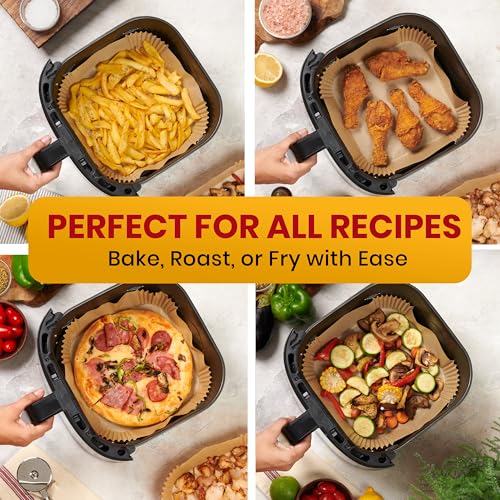 Air Fryer Paper Liners, 125Pcs Air Fryer Disposable Liners, Non-Stick and Oil Proof for Easy Cleanup, 8” Square for 5-8 qt Basket by Baker's Signature