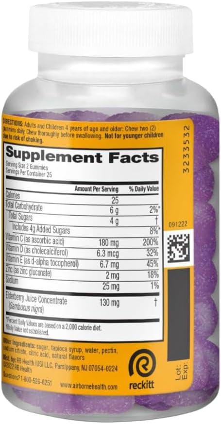 Airborne Elderberry + Zinc & Vitamin C Gummies For Adults, Immune Support Vitamin D & Zinc Gummies With Powerful Antioxidant Vitamins C D & E - 50 Gummies, Elderberry Flavor