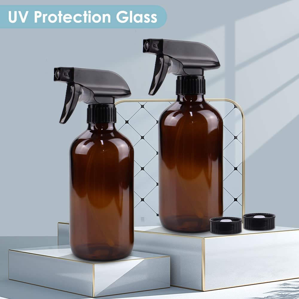 Bontip Glass Spray Bottle 16 oz for Cleaning, Plants (2 Pack, Amber) | Refillable amber spray bottle Set, BPA-free eco glass, With labels and funnel, Great for cleaners, plant misting, hair care