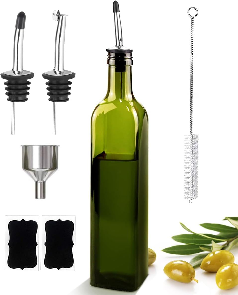 Leaflai 17oz Olive Oil Dispenser Bottle, 500ml Oil & Vinegar Cruet with 2 Stainless Steel Pourers, 2 Labels,1 Brush and 1 Funnel for Kitchen