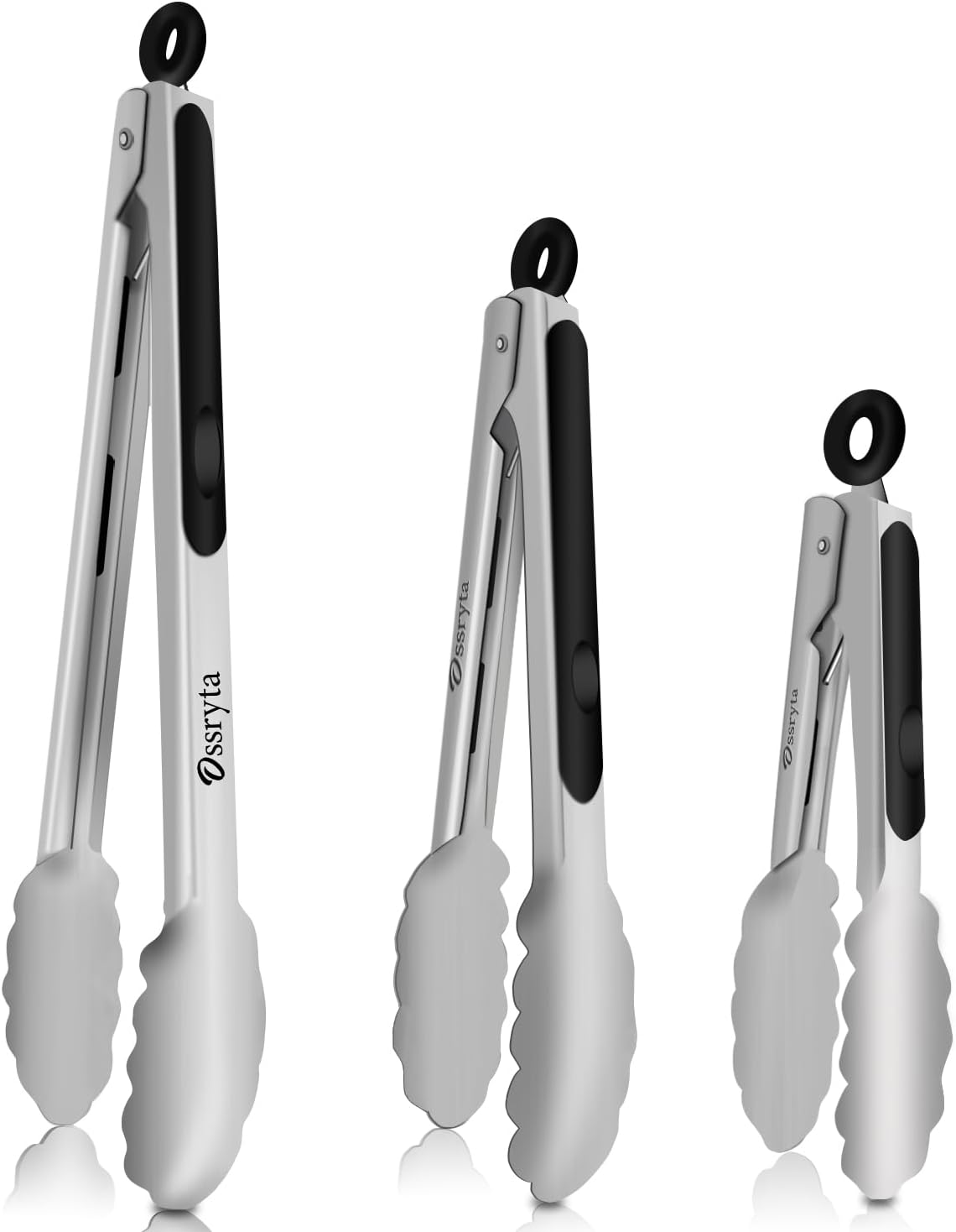 Stainless Steel Cooking Tongs Set of 3 - Heavy Duty 12/9/7 Inch Locking Tongs, Heat Resistant to 600 Degrees, Food Grade Kitchen Metal Tong for Food, Salad, & BBQ - Dishwasher Safe
