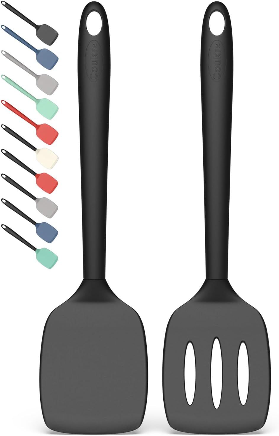 Coukre 2 Pack Silicone Spatula Set,High Heat Resistant, BPA-Free | Dishwasher Safe Kitchen Spatula for Nonstick Pans, Solid & Slotted Turners for Cooking, Sautéing, and Flipping, PureBlack