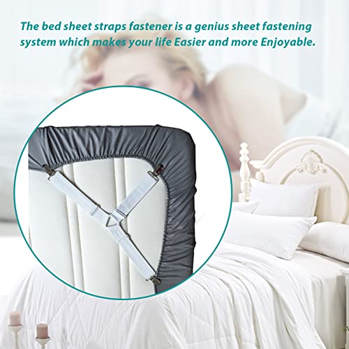 Bed Sheet Fasteners, Adjustable Mattress Suspenders, Mattress Cover Straps, Bed Corner Holder and Keepers and the Bed Sheet Grippers Clips (Triangle White Set of 4)