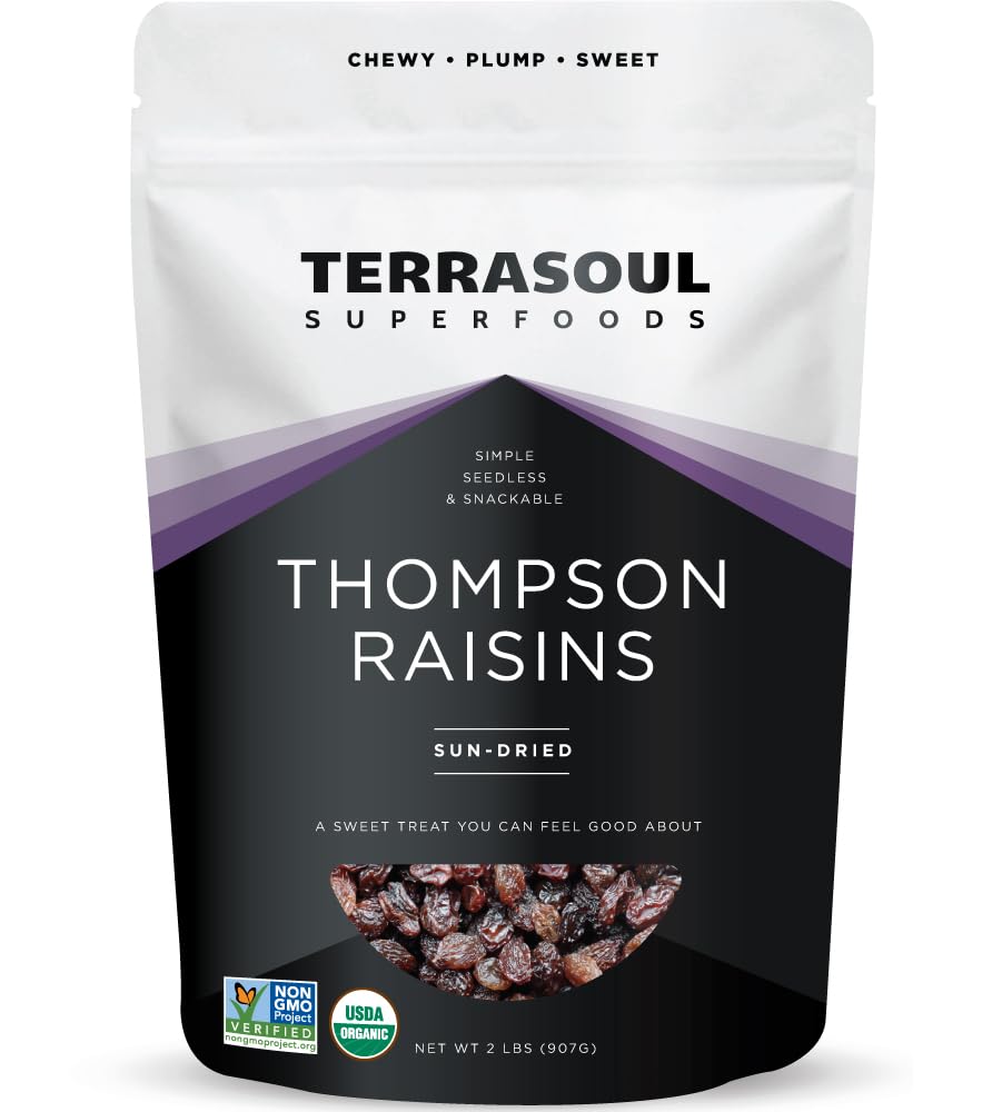 Terrasoul Superfoods Organic Raisins, 2 Lbs, Seedless, No-Sugar Added, No Preservatives
